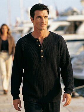 International Male Mens M Sweater Black Ramie Cotton Ribbed Henley Archival Rare